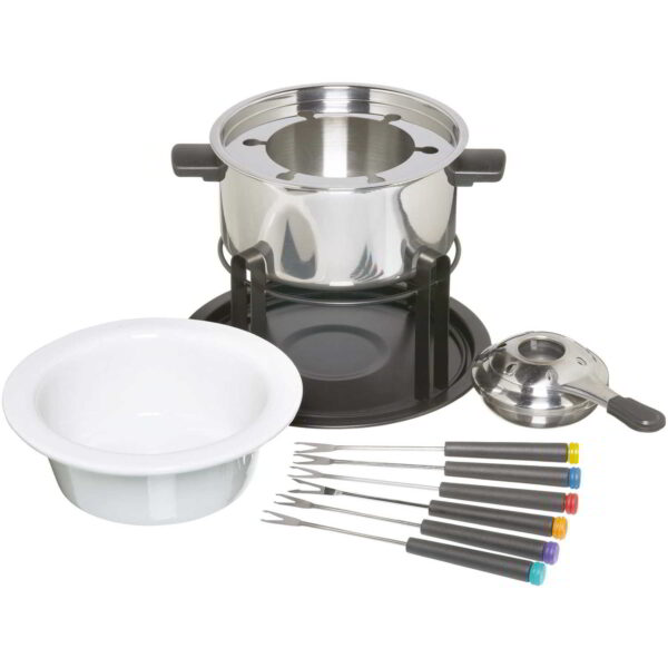 KitchenCraft Deluxe Fondue Set with Two Bowls Stand Burner and Six Forks