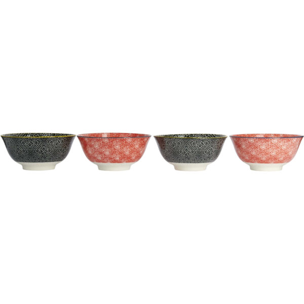 KitchenCraft Glazed Stoneware Bowl Set of 4 Red and Black Floral 15.5x7.5cm