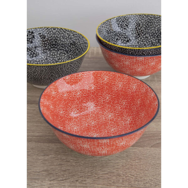 KitchenCraft Glazed Stoneware Bowl Set of 4 Red and Black Floral 15.5x7.5cm