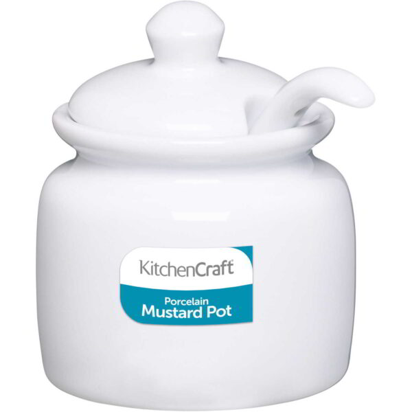 KitchenCraft White Porcelain Mustard Pot with Lid and Spoon