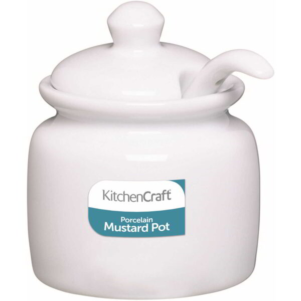 KitchenCraft White Porcelain Mustard Pot with Lid and Spoon