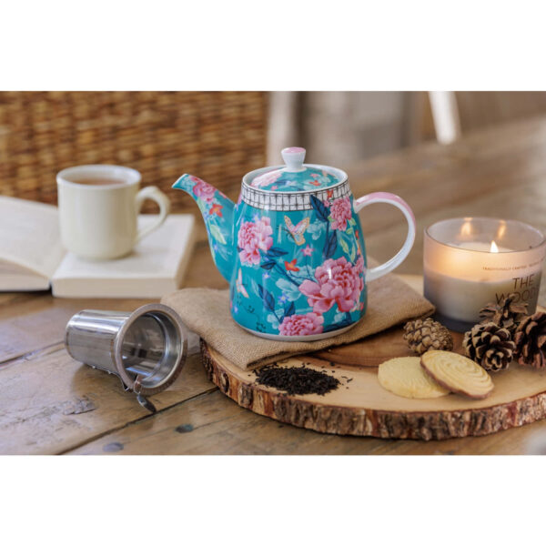 London Pottery Ceramic Bell Shaped Filter Teapot Teal Floral 1 L