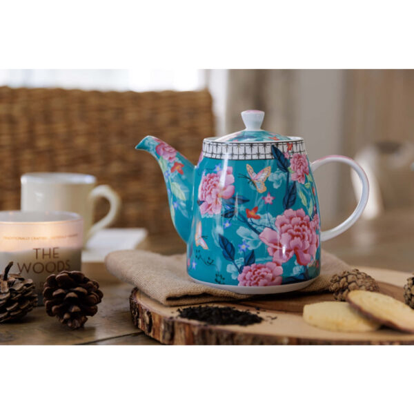 London Pottery Ceramic Bell Shaped Filter Teapot Teal Floral 1 L