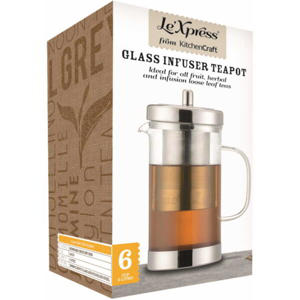 KitchenCraft Le'Xpress Stainless Steel Glass Infuser Teapot 1 Litre